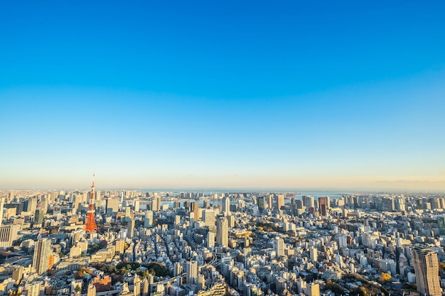 夕暮れの晴れた空に照らされた都市風景の空中景色