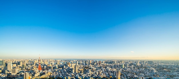 夕暮れの晴れた空を背景にした都市風景の空中景色