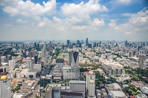 Aerial view of cityscape against cloudy sky