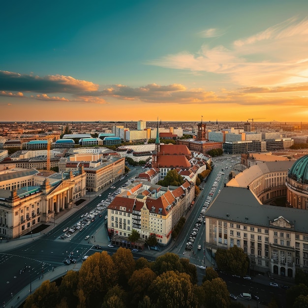 An aerial view of the cityscape of Berlin Germany during sunset