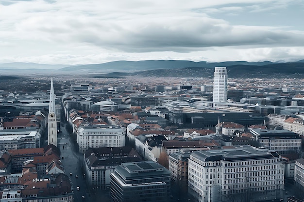 Aerial view of a cityscape under a cloudy sky