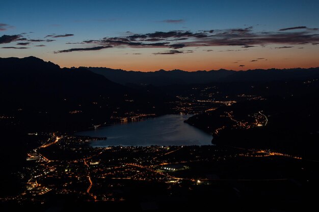 Aerial view of cityscape at night