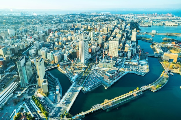 Aerial view of cityscape and river