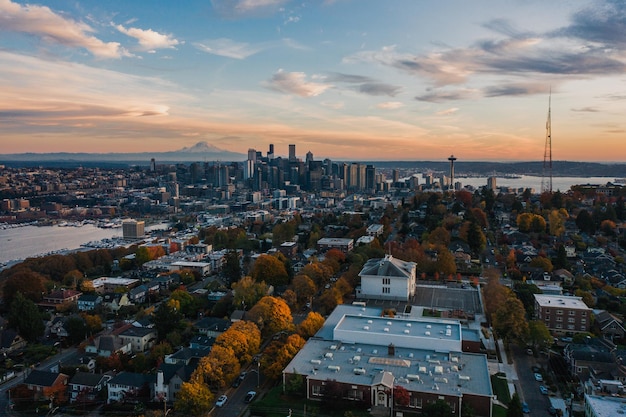 Aerial view of the cityscape of Seattle during sunset South Lake Union