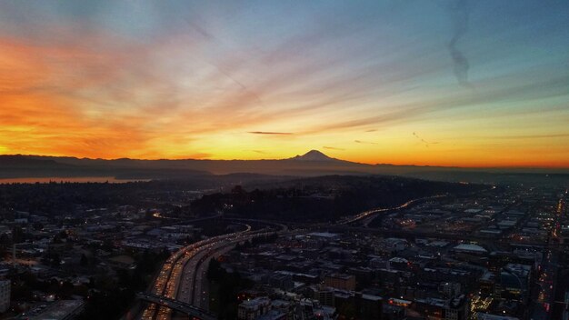 Aerial view of cityscape at sunset