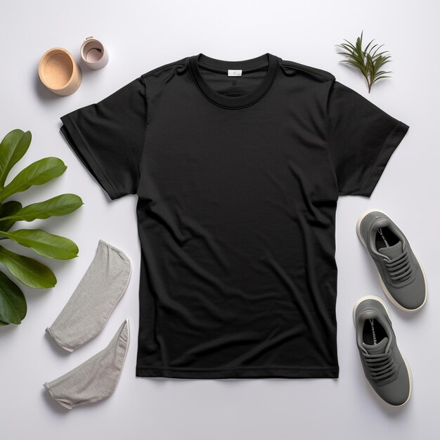 Photo aerial view of clean tagless black tshirt laid flat