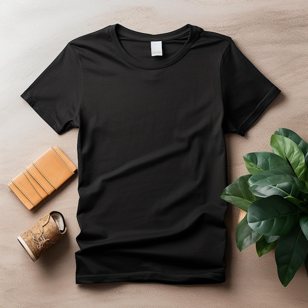 Aerial View of Clean Tagless Black TShirt Laid Flat