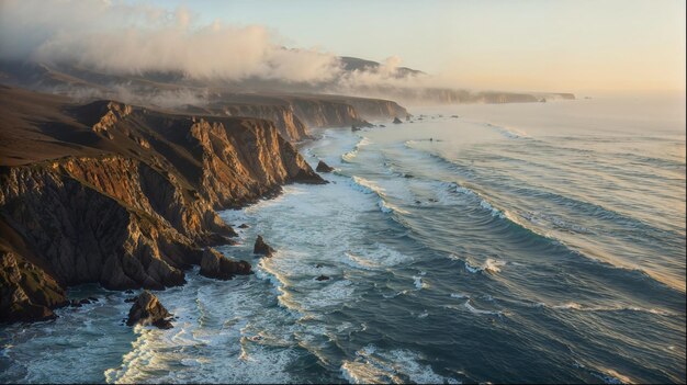 An aerial view of a cliff overlooking the ocean