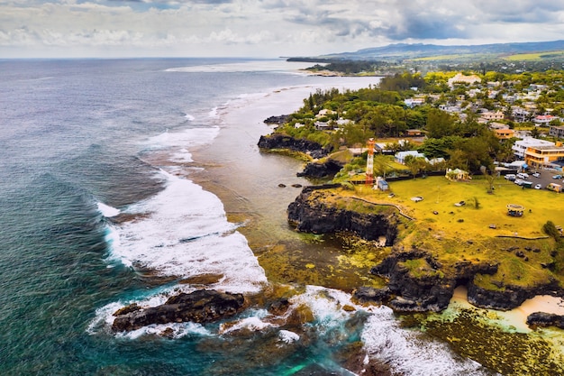 Aerial view of the cliffs of the spectacular Gris Gris Beach, in southern Mauritius.