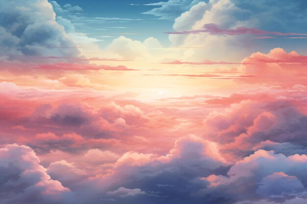 Aerial view above clouds at sunset Top view of beautiful sunset above clouds with sunlight