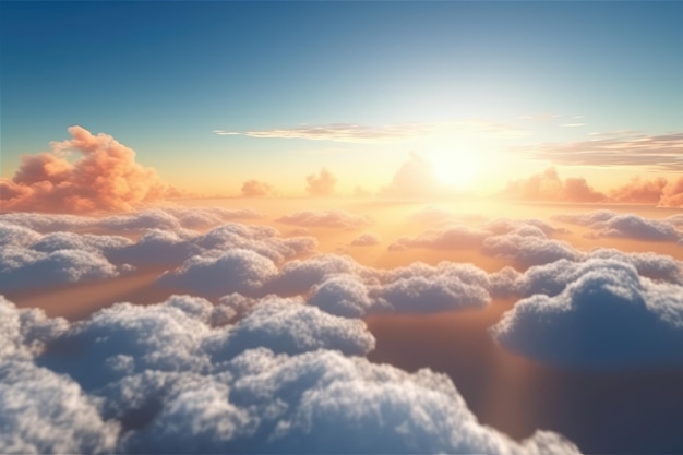 aerial view above clouds with sunset AI