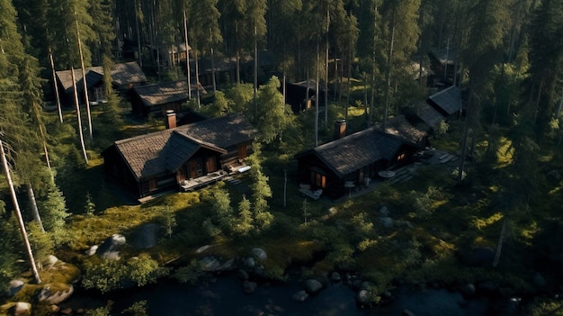 An aerial view of a cluster of log cabins in a secluded forest setting