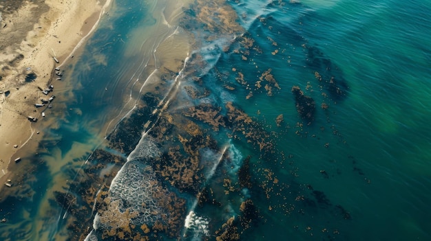 Photo an aerial view of a coastline littered with decaying sea life a haunting consequence of algae blooms