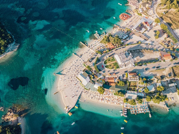 Aerial view of the coastline of the resort town of Ksamil on a sunny summer day. Albania.