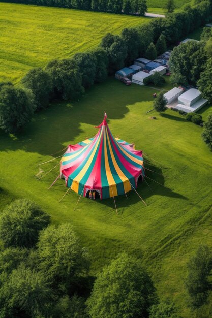 Взгляд с воздуха на красочную цирковую палатку в пышном зеленом поле, созданном с помощью генеративного AI