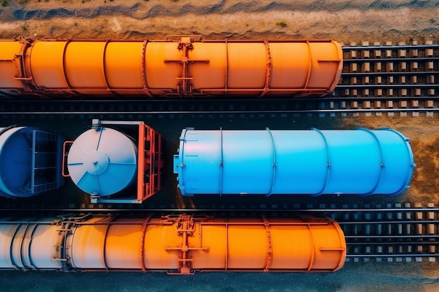 Photo aerial view of colorful freight trains on the railway station