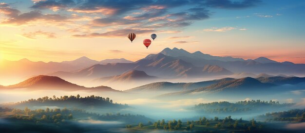 Aerial view colorful hot air balloons flying over foggy mountain morning