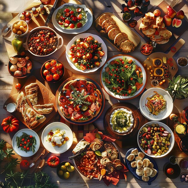 Aerial View Colorful Spread of Mediterranean Feast