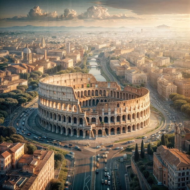 an aerial view of the Colosseum in Rome Italy The ancient amphitheater is situated in the center o