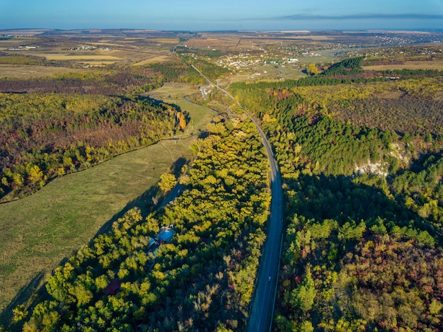 Aerial view of colourful forest in autumn with road cutting through