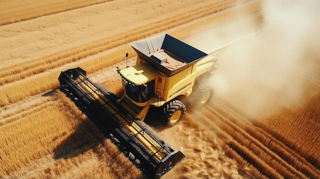 Photo aerial view of combine harvester harvest of rapeseed field