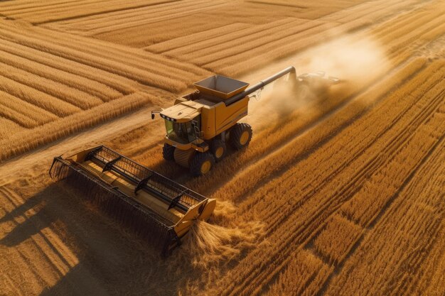 Aerial view of combine harvester in vast wheat field ai generative