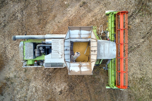 Aerial view of combine harvester working during harvesting season on large ripe wheat field