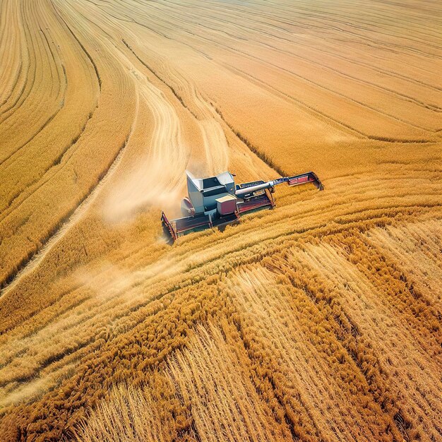 Aerial view of combine harvesting ripe wheat on the field