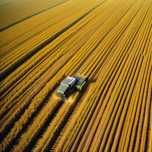 Aerial view of combine harvesting ripe wheat on the field