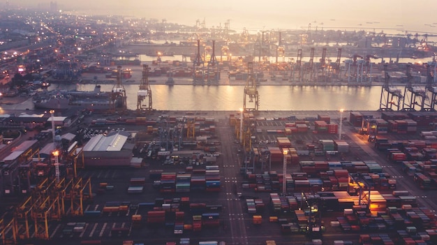 aerial view of commercial dock during sunset