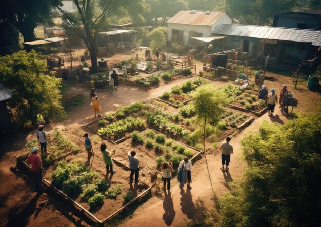Foto una vista aerea di un giardino comunitario con persone di tutte le età che si occupano dei loro terreni individuali