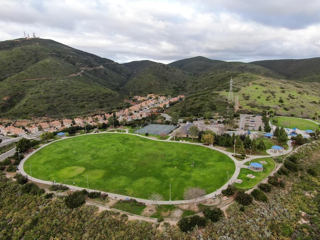 Aerial view of community park on the top off a hill Carmel Valley San Diego California USA