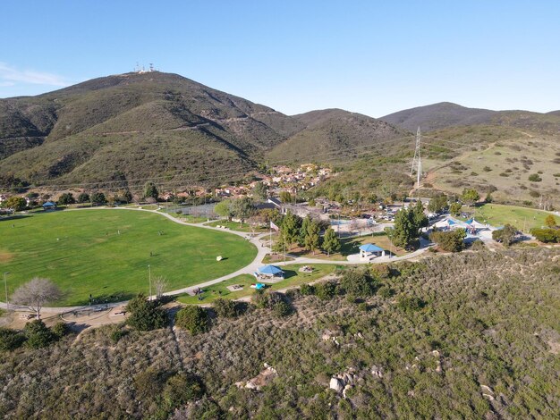 Aerial view of community park on the top off a hill, Carmel Valley. San Diego, California, USA.