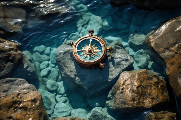 Aerial view of a compass on a rock in the middle of the water