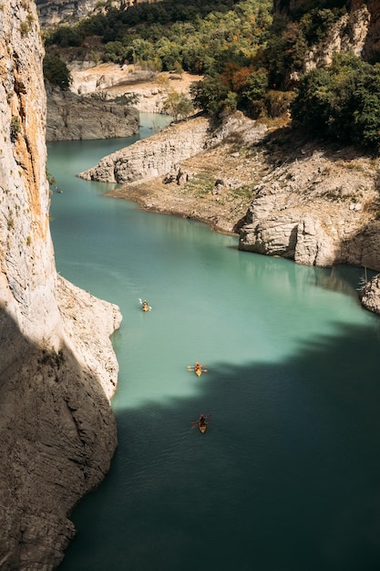 Aerial view of the Congost de Montrebei gorge and kayakers in Catalonia Spain