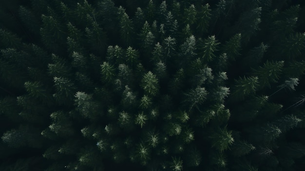 Aerial view of coniferous forest at foggy sunrise