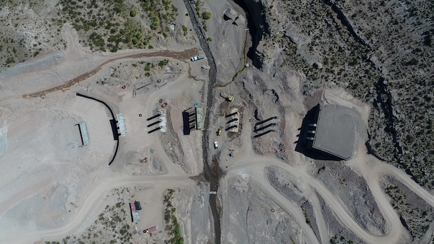 Aerial view of the construction of a new bridge in Argentina. Top view.