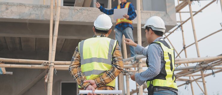 Photo 建設現場の建設労働者の航空写真