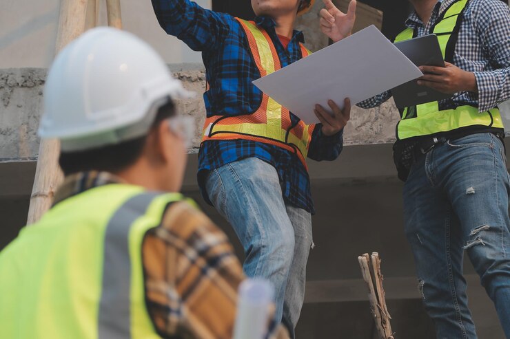 Photo 建設現場の建設労働者の航空写真