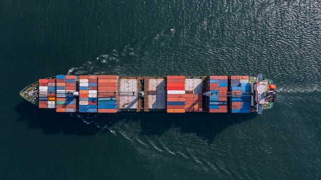 Aerial view container cargo ship maritime carrying container Global business import export logistic