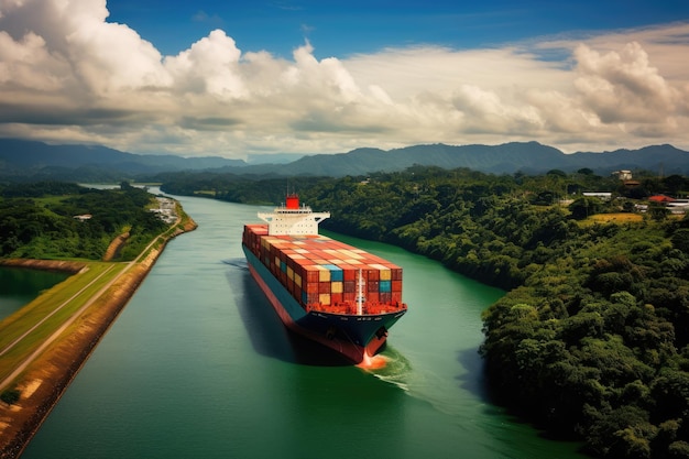パナマ運河を通過する山を背景にした川のコンテナ貨物船の航空写真 AI 生成