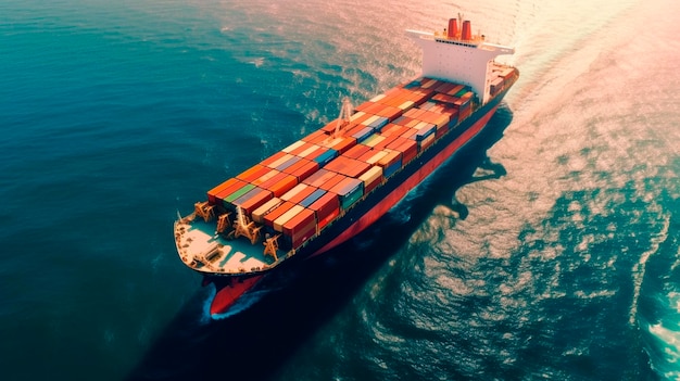 Воздушный вид контейнерного грузового судна в море Генеративный ИИ