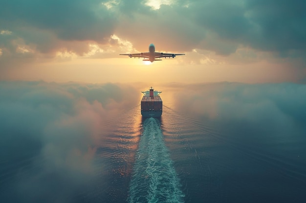 Aerial view container ship carrying container in import export business logistic and transportation of international by container ship in the open sea