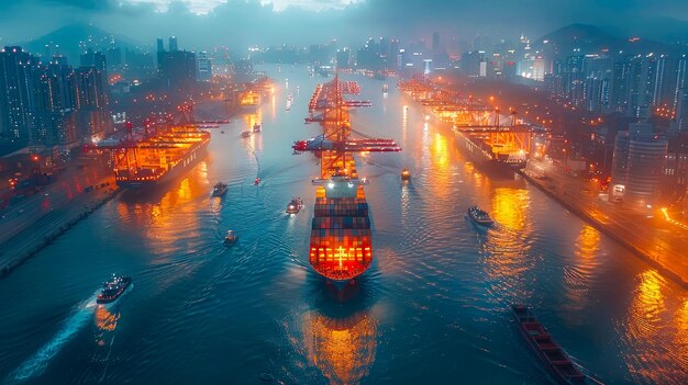 Photo aerial view of container ship in the sea at sunset time