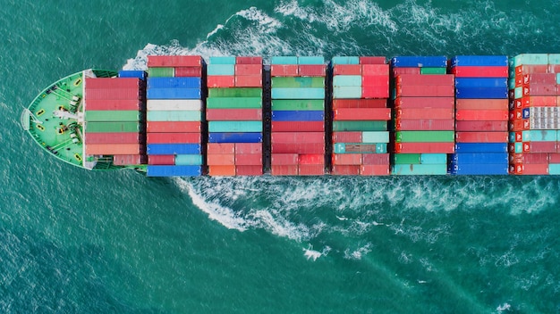 Aerial view of container ship on sea