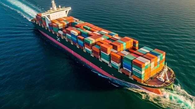 Aerial view of container ship in the sea