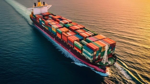 Aerial view of container ship in the sea