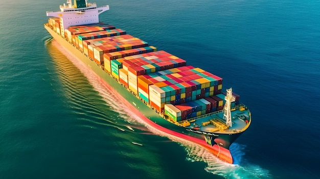 Aerial view of container ship in the sea