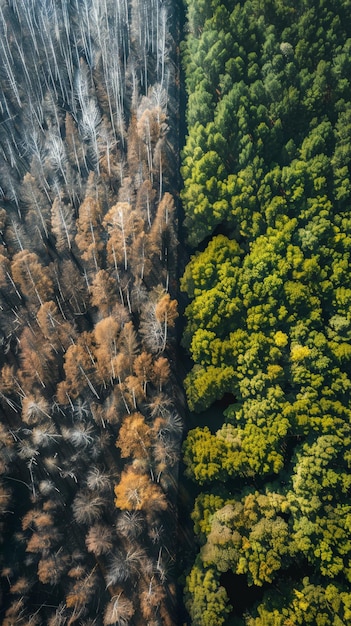 Aerial view contrasting vibrant green trees and burned forest Natures resilience and