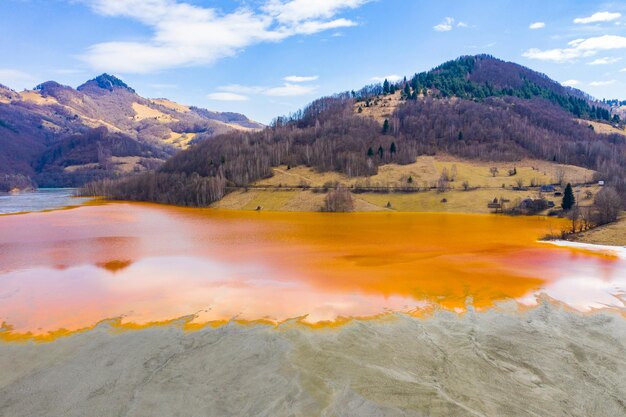 Aerial view of copper waste in lake amidst mountains